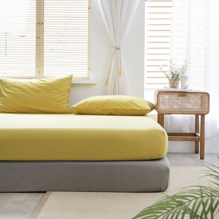 91家纺网 家纺一手货源 找家纺 小米笠 2021新款全棉水洗棉床笠杏黄