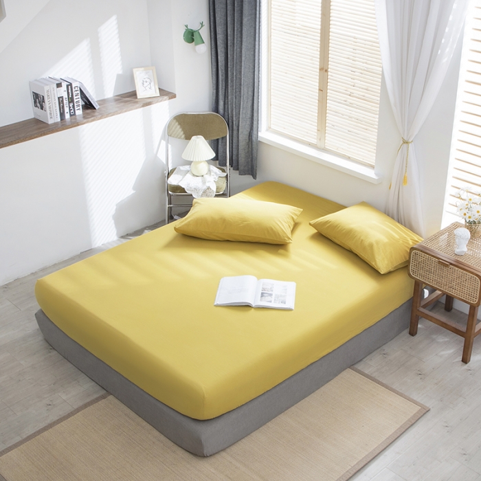 91家纺网 家纺一手货源 找家纺 小米笠 2021新款全棉水洗棉床笠杏黄