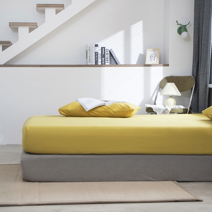 91家纺网 家纺一手货源 找家纺 小米笠 2021新款全棉水洗棉床笠杏黄