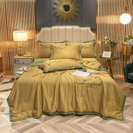 91家纺网 家纺一手货源 找家纺 仟网汇 2021新款时尚豹纹风水洗真丝刺绣夏被套件 姜黄