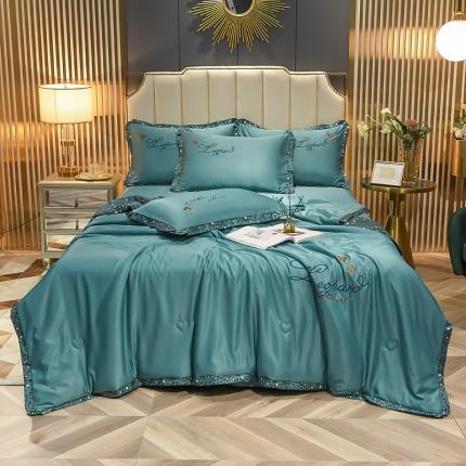 91家纺网 家纺一手货源 找家纺 仟网汇 2021新款时尚豹纹风水洗真丝刺绣夏被套件 浅石蓝