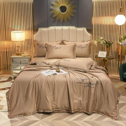 91家纺网 家纺一手货源 找家纺 仟网汇 2021新款时尚豹纹风水洗真丝刺绣夏被套件 香槟金