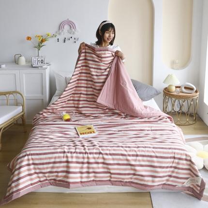 薇玛仕2023新款全棉水洗色织夏凉被空调被 粉玉条