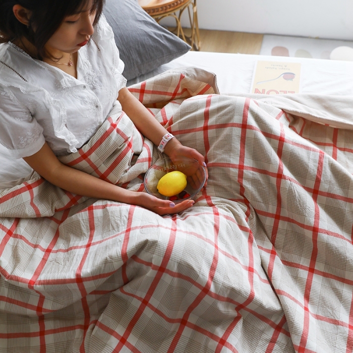 91家纺网 家纺一手货源 找家纺 薇玛仕2023新款全棉水洗色织夏凉被空调被 千线格-粉