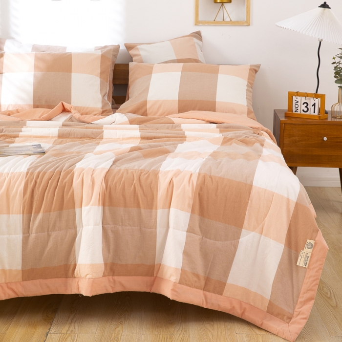 91家纺网 家纺一手货源 找家纺 天瑜家纺 2023新款全棉色织水洗棉夏被 粉大格