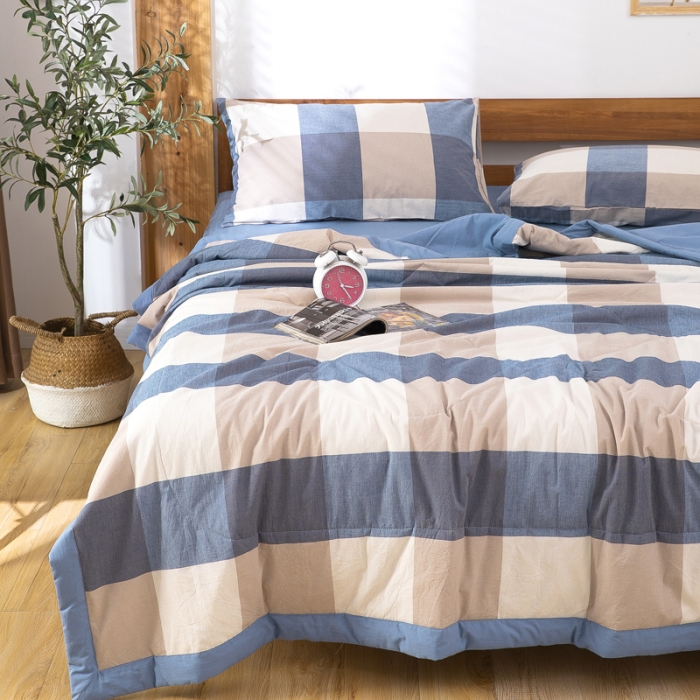 91家纺网 家纺一手货源 找家纺 天瑜家纺 2023新款全棉色织水洗棉夏被 蓝大格