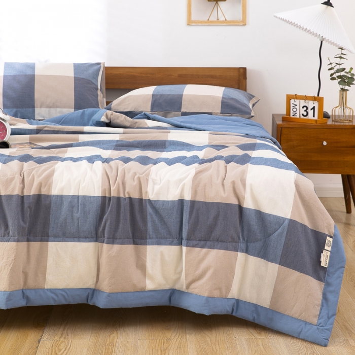 91家纺网 家纺一手货源 找家纺 天瑜家纺 2023新款全棉色织水洗棉夏被 蓝大格