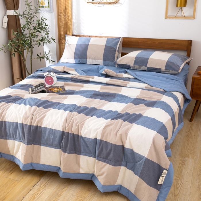 91家纺网 家纺一手货源 找家纺 天瑜家纺 2023新款全棉色织水洗棉夏被 蓝大格