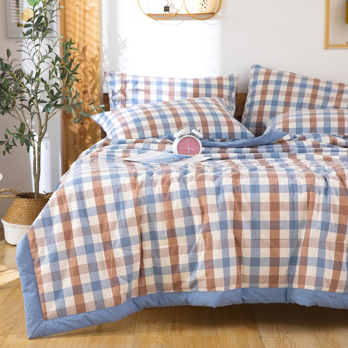 91家纺网 家纺一手货源 找家纺 天瑜家纺 2023新款全棉色织水洗棉夏被 蓝咖中格