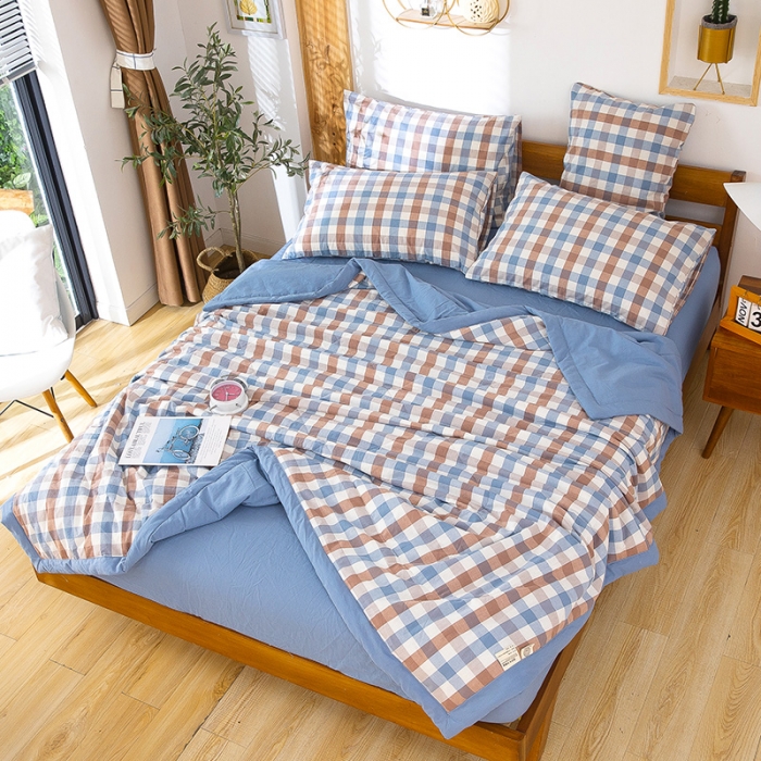 91家纺网 家纺一手货源 找家纺 天瑜家纺 2023新款全棉色织水洗棉夏被 蓝咖中格