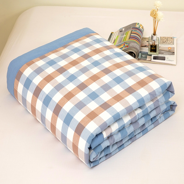 91家纺网 家纺一手货源 找家纺 天瑜家纺 2023新款全棉色织水洗棉夏被 蓝咖中格