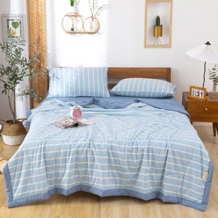 天瑜家纺 2023新款全棉色织水洗棉夏被 蓝宽条