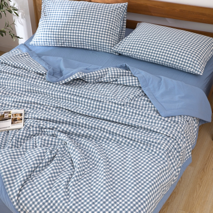 91家纺网 家纺一手货源 找家纺 天瑜家纺 2023新款全棉色织水洗棉夏被 蓝小格