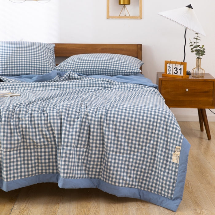 91家纺网 家纺一手货源 找家纺 天瑜家纺 2023新款全棉色织水洗棉夏被 蓝小格