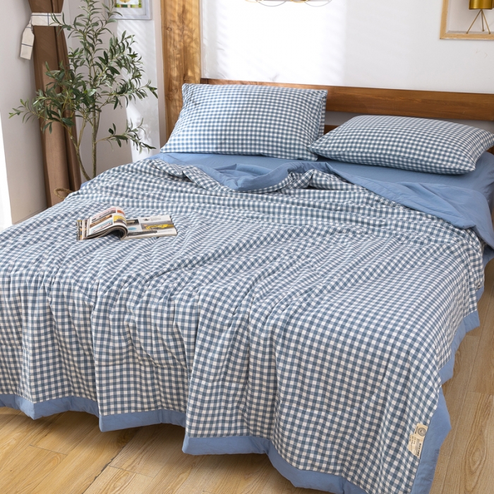 91家纺网 家纺一手货源 找家纺 天瑜家纺 2023新款全棉色织水洗棉夏被 蓝小格