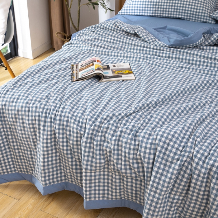 91家纺网 家纺一手货源 找家纺 天瑜家纺 2023新款全棉色织水洗棉夏被 蓝小格