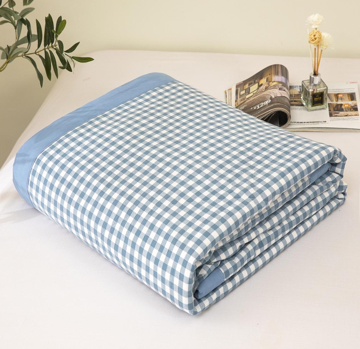 91家纺网 家纺一手货源 找家纺 天瑜家纺 2023新款全棉色织水洗棉夏被 蓝小格