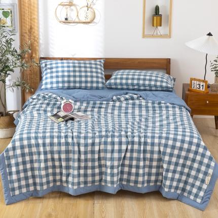 天瑜家纺 2023新款全棉色织水洗棉夏被 蓝中格