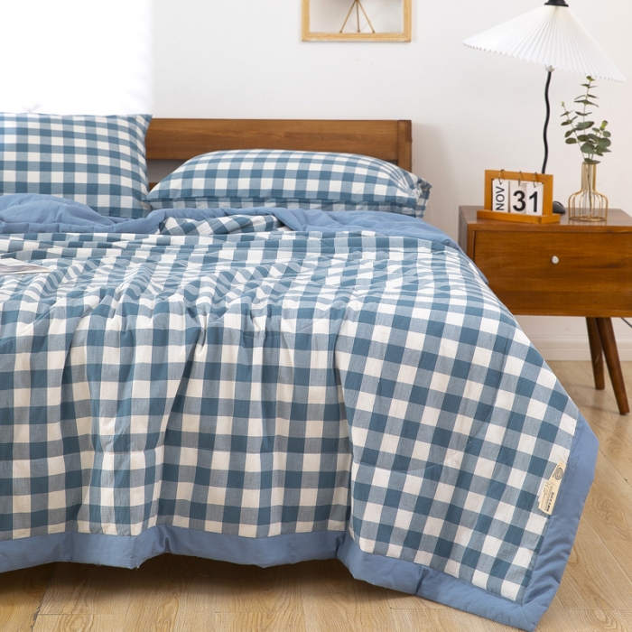 91家纺网 家纺一手货源 找家纺 天瑜家纺 2023新款全棉色织水洗棉夏被 蓝中格