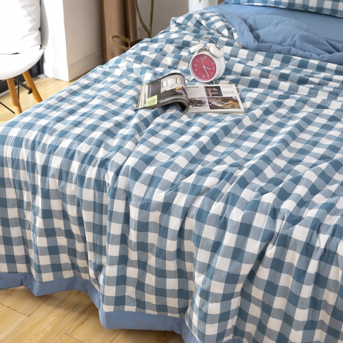 91家纺网 家纺一手货源 找家纺 天瑜家纺 2023新款全棉色织水洗棉夏被 蓝中格