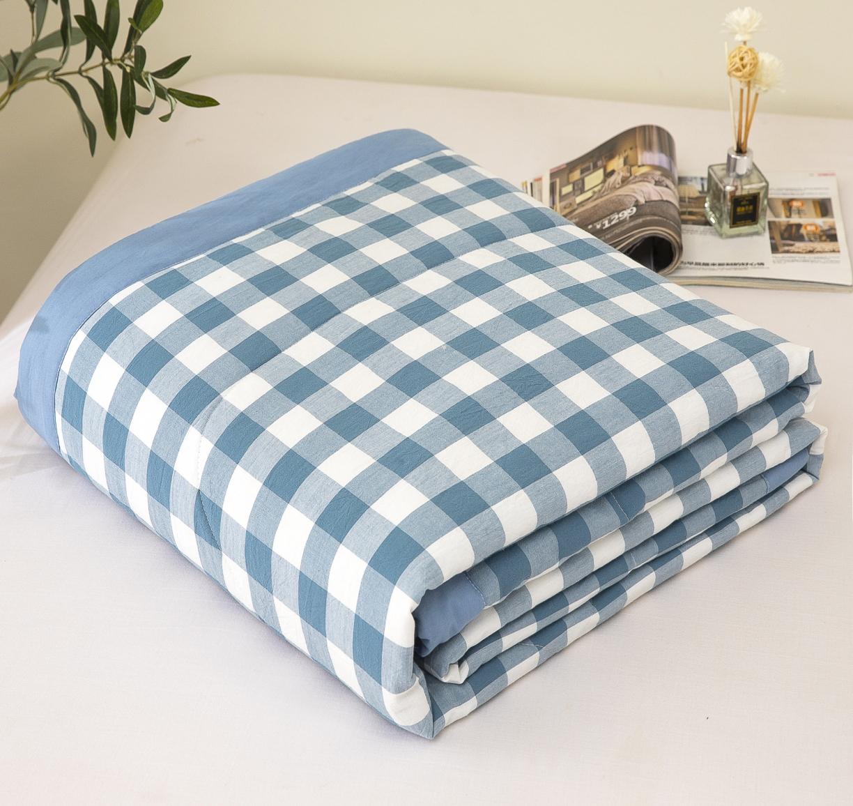 91家纺网 家纺一手货源 找家纺 天瑜家纺 2023新款全棉色织水洗棉夏被 蓝中格