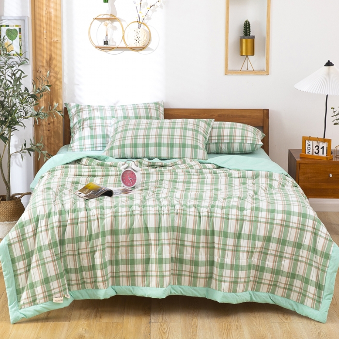 91家纺网 家纺一手货源 找家纺 天瑜家纺 2023新款全棉色织水洗棉夏被 绿彩格