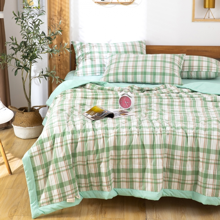91家纺网 家纺一手货源 找家纺 天瑜家纺 2023新款全棉色织水洗棉夏被 绿彩格