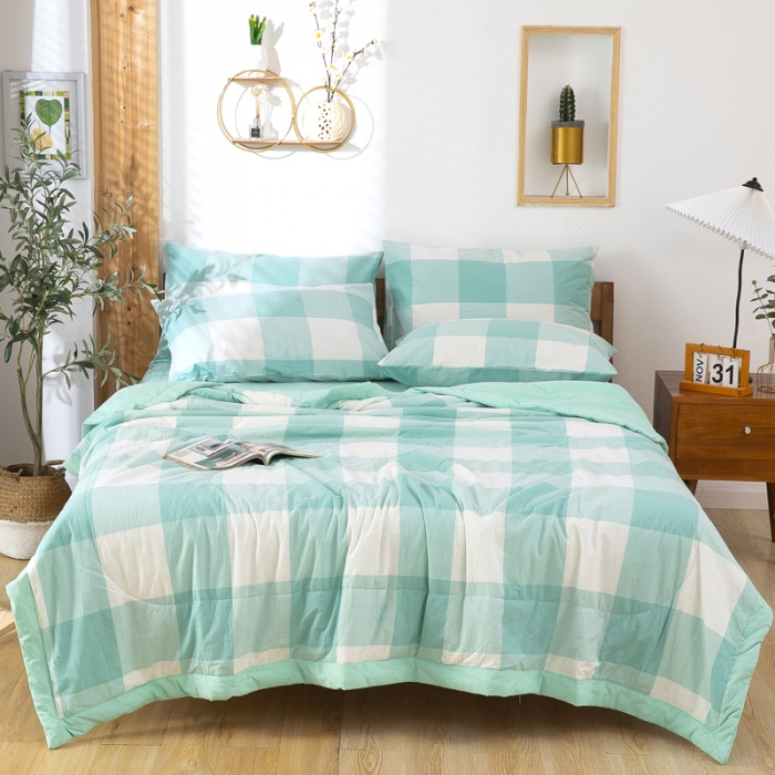 91家纺网 家纺一手货源 找家纺 天瑜家纺 2023新款全棉色织水洗棉夏被 绿大格