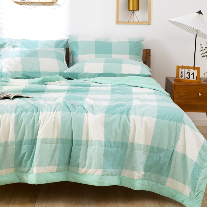 91家纺网 家纺一手货源 找家纺 天瑜家纺 2023新款全棉色织水洗棉夏被 绿大格