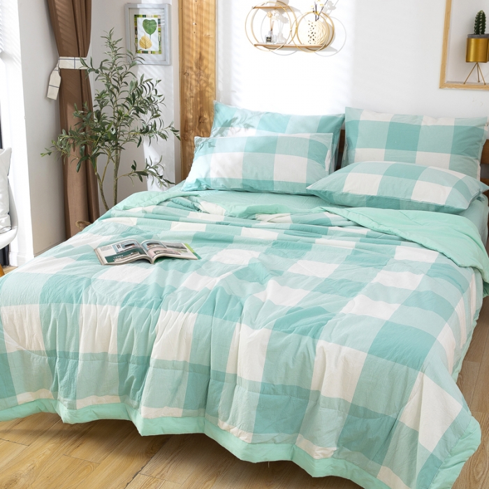 91家纺网 家纺一手货源 找家纺 天瑜家纺 2023新款全棉色织水洗棉夏被 绿大格