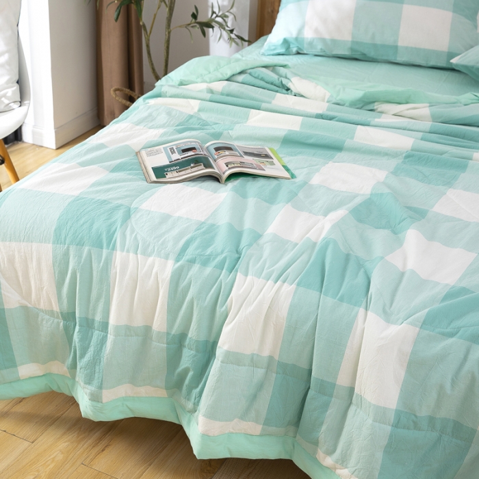 91家纺网 家纺一手货源 找家纺 天瑜家纺 2023新款全棉色织水洗棉夏被 绿大格