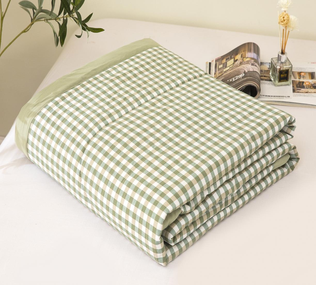 91家纺网 家纺一手货源 找家纺 天瑜家纺 2023新款全棉色织水洗棉夏被 绿小格