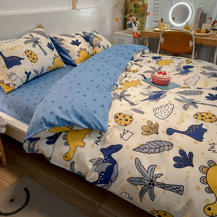 91家纺网 家纺一手货源 找家纺 梦家居 2021春季新品全棉小清新四件套恐龙家族