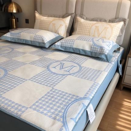 91家纺网 家纺一手货源 找家纺 馨蕊2021新款高端可水洗抗菌冰感凉席 M千鸟格-蓝