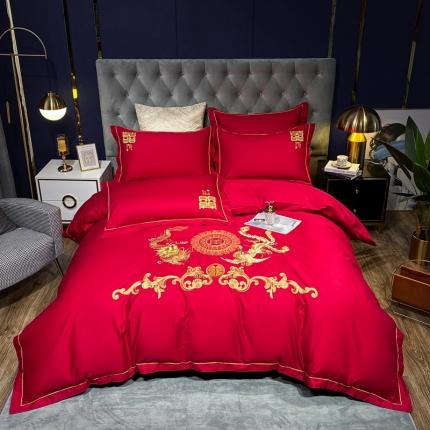 91家纺网 家纺一手货源 找家纺 金麦2020新款40支13372全棉刺绣婚庆系四件套龙凤呈祥