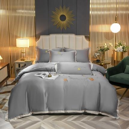 金米诺 2022新款水洗真丝花边款四件套 高级灰
