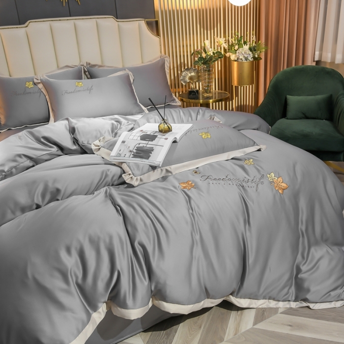 91家纺网 家纺一手货源 找家纺 金米诺 2022新款水洗真丝花边款四件套 高级灰