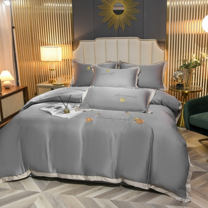 91家纺网 家纺一手货源 找家纺 金米诺 2022新款水洗真丝花边款四件套 高级灰