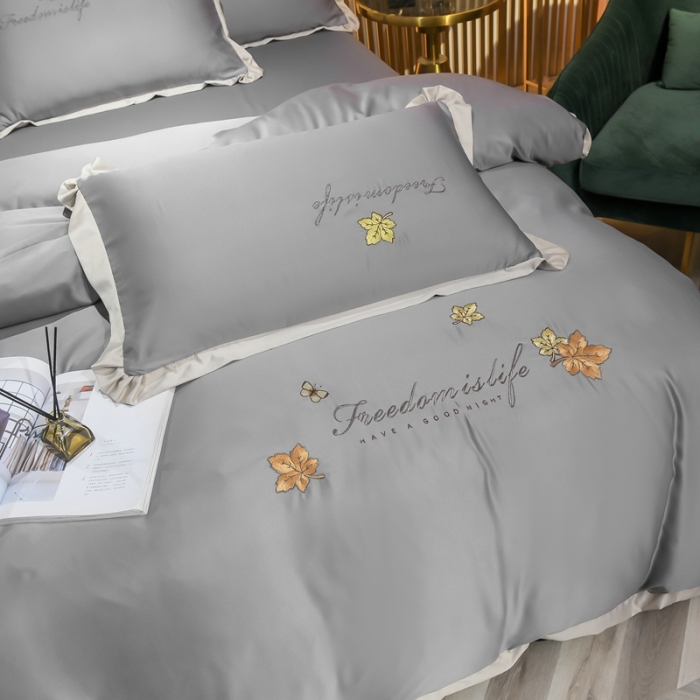 91家纺网 家纺一手货源 找家纺 金米诺 2022新款水洗真丝花边款四件套 高级灰