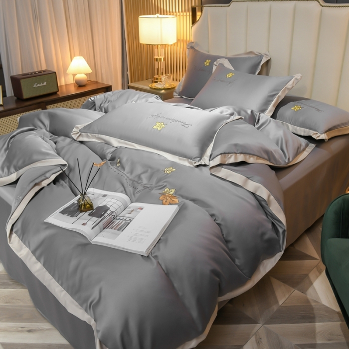 91家纺网 家纺一手货源 找家纺 金米诺 2022新款水洗真丝花边款四件套 高级灰