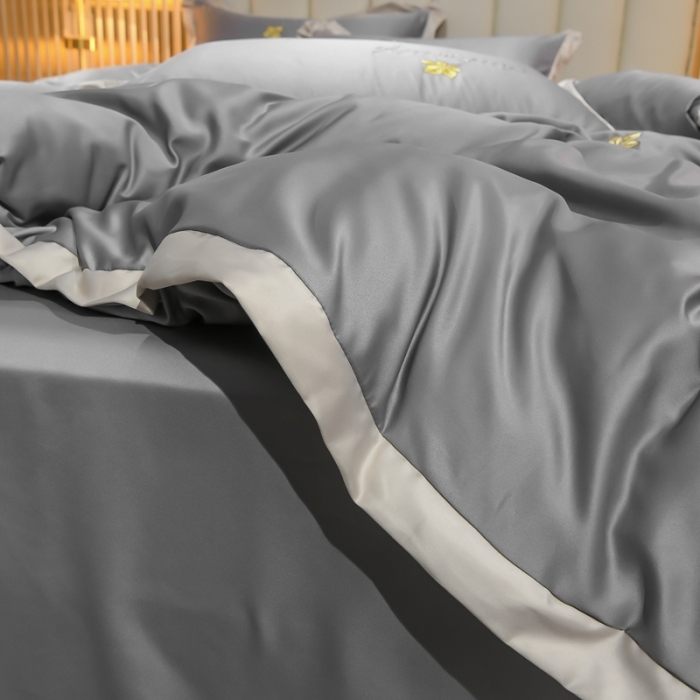 91家纺网 家纺一手货源 找家纺 金米诺 2022新款水洗真丝花边款四件套 高级灰