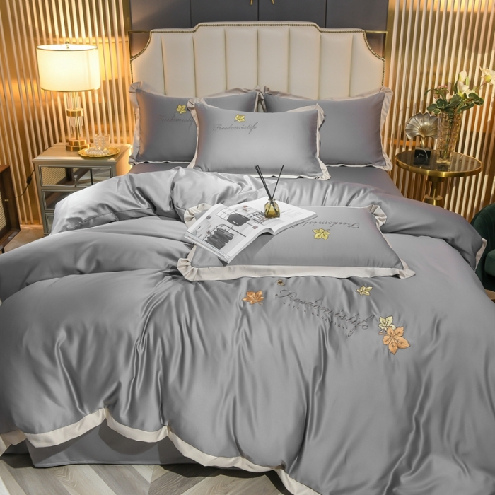 91家纺网 家纺一手货源 找家纺 金米诺 2022新款水洗真丝花边款四件套 高级灰