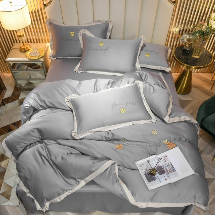 91家纺网 家纺一手货源 找家纺 金米诺 2022新款水洗真丝花边款四件套 高级灰