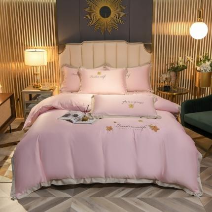 金米诺 2022新款水洗真丝花边款四件套 蜜桃粉