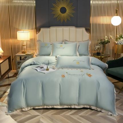 金米诺 2022新款水洗真丝花边款四件套 青水绿