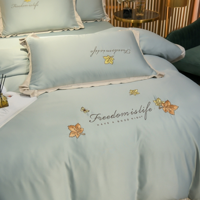 91家纺网 家纺一手货源 找家纺 金米诺 2022新款水洗真丝花边款四件套 青水绿