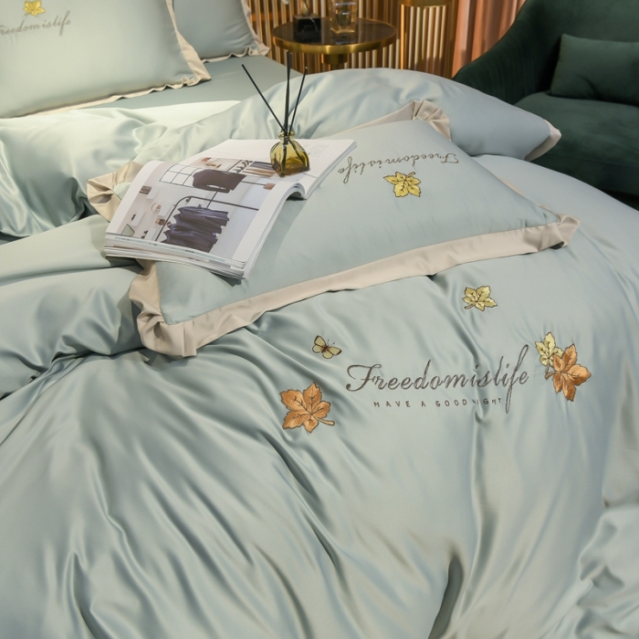 91家纺网 家纺一手货源 找家纺 金米诺 2022新款水洗真丝花边款四件套 青水绿