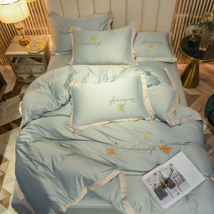 91家纺网 家纺一手货源 找家纺 金米诺 2022新款水洗真丝花边款四件套 青水绿