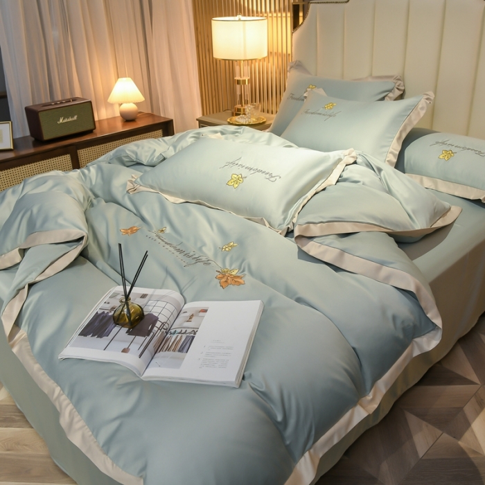 91家纺网 家纺一手货源 找家纺 金米诺 2022新款水洗真丝花边款四件套 青水绿