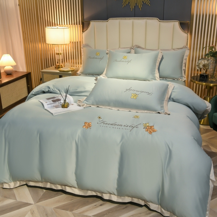 91家纺网 家纺一手货源 找家纺 金米诺 2022新款水洗真丝花边款四件套 青水绿